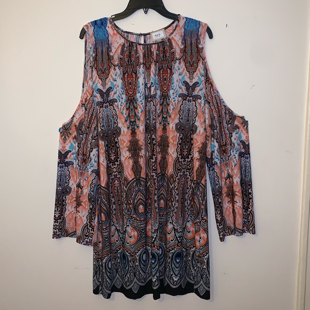 Eci Multi color flowy dress w/ long shoulder cuts.